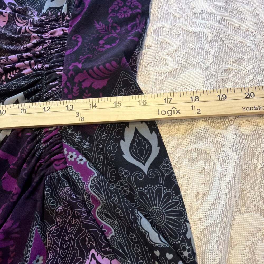 Purple Paisley Black Whimsigoth Ruched V-Neck Moody Dress. 12 Meas In Pics. - Picture 6 of 8